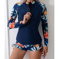 Women's Rash guard Swimsuit Lightweight Long Sleeve Swimwear Swimsuit 2 Piece Front Zip Swimming Surfing Beach Water Sports Floral Patchwork Printed Summer Spring Autumn