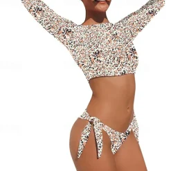 Women's Rash guard Swimsuit UV Sun Protection UPF50+ Lightweight Long Sleeve Spandex Swimwear Swimsuit Backless 2 Piece Swimming Surfing Beach Water Sports Leopard Printed Summer Spring Autumn