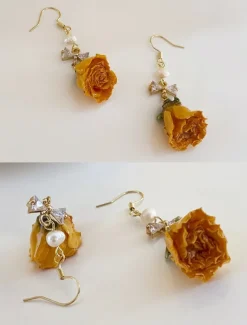Women's Real Flower Drop Earrings – Acrylic Rose Bud Design with Pearl & Bow Accents, Elegant Handmade Jewelry for Romantic Style, Ideal Gift for Mom on Mother's Day