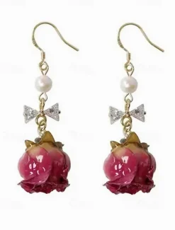 Women's Real Flower Drop Earrings – Acrylic Rose Bud Design with Pearl & Bow Accents, Elegant Handmade Jewelry for Romantic Style, Ideal Gift for Mom on Mother's Day