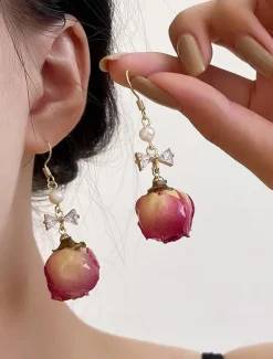 Women's Real Flower Drop Earrings – Acrylic Rose Bud Design with Pearl & Bow Accents, Elegant Handmade Jewelry for Romantic Style, Ideal Gift for Mom on Mother's Day