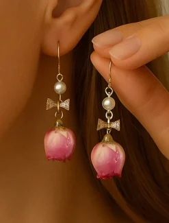 Women's Real Flower Drop Earrings – Acrylic Rose Bud Design with Pearl & Bow Accents, Elegant Handmade Jewelry for Romantic Style, Ideal Gift for Mom on Mother's Day