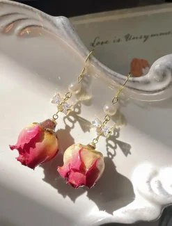 Women's Real Flower Drop Earrings – Acrylic Rose Bud Design with Pearl & Bow Accents, Elegant Handmade Jewelry for Romantic Style, Ideal Gift for Mom on Mother's Day