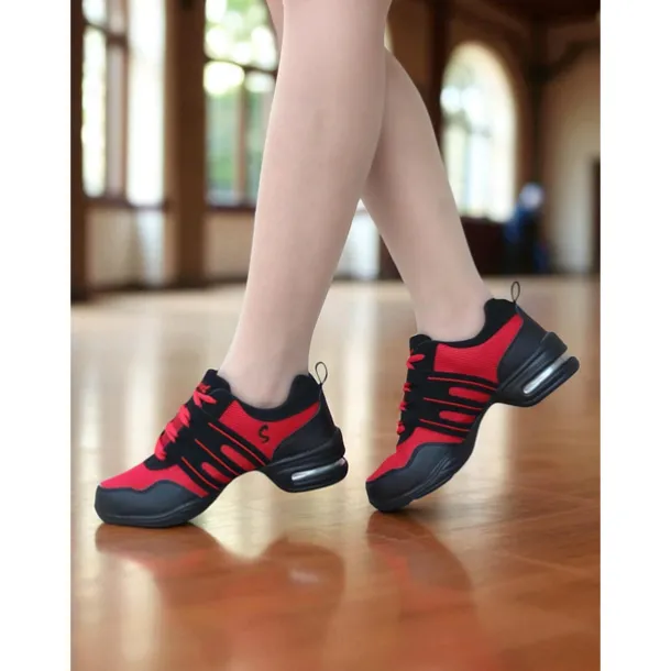 Women's Red and Black Mesh Jazz Dance Sneakers with Split Sole, Lightweight Breathable Design - Professional Practice Footwear for Hip Hop, Zumba, and Ballroom Training