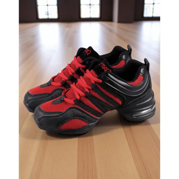 Women's Red and Black Mesh Jazz Dance Sneakers with Split Sole, Lightweight Breathable Design - Professional Practice Footwear for Hip Hop, Zumba, and Ballroom Training