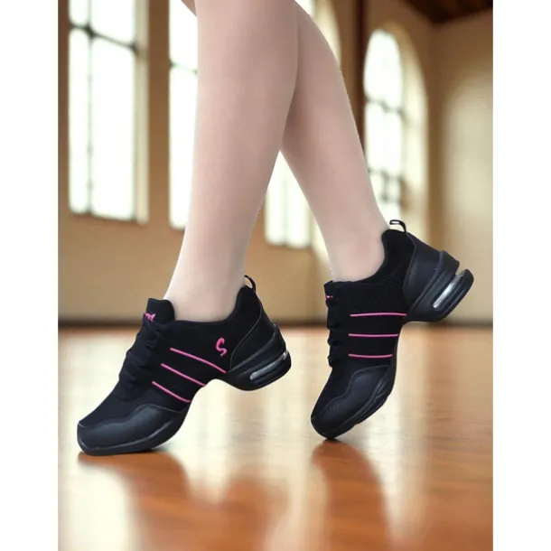 Women's Red and Black Mesh Jazz Dance Sneakers with Split Sole, Lightweight Breathable Design - Professional Practice Footwear for Hip Hop, Zumba, and Ballroom Training