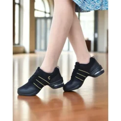 Women's Red and Black Mesh Jazz Dance Sneakers with Split Sole, Lightweight Breathable Design - Professional Practice Footwear for Hip Hop, Zumba, and Ballroom Training