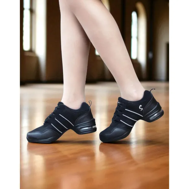 Women's Red and Black Mesh Jazz Dance Sneakers with Split Sole, Lightweight Breathable Design - Professional Practice Footwear for Hip Hop, Zumba, and Ballroom Training