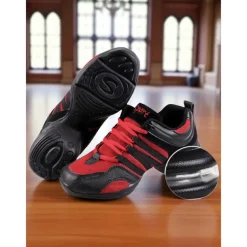 Women's Red and Black Mesh Jazz Dance Sneakers with Split Sole, Lightweight Breathable Design - Professional Practice Footwear for Hip Hop, Zumba, and Ballroom Training