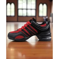 Women's Red and Black Mesh Jazz Dance Sneakers with Split Sole, Lightweight Breathable Design - Professional Practice Footwear for Hip Hop, Zumba, and Ballroom Training