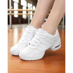 Women's Red and Black Mesh Jazz Dance Sneakers with Split Sole, Lightweight Breathable Design - Professional Practice Footwear for Hip Hop, Zumba, and Ballroom Training