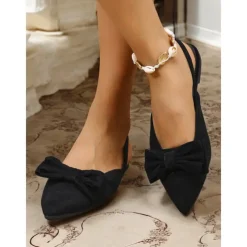 Women's Red Bow Pointed Toe Slingback Flats – Elegant Suede Ballet Shoes for Casual Wear, Work, and Special Occasions
