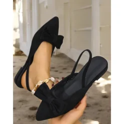 Women's Red Bow Pointed Toe Slingback Flats – Elegant Suede Ballet Shoes for Casual Wear, Work, and Special Occasions