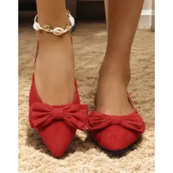 Women's Red Bow Pointed Toe Slingback Flats – Elegant Suede Ballet Shoes for Casual Wear, Work, and Special Occasions