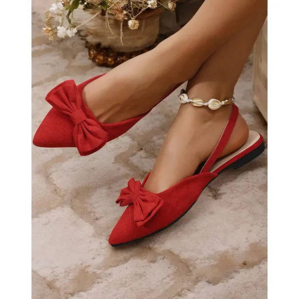 Women's Red Bow Pointed Toe Slingback Flats – Elegant Suede Ballet Shoes for Casual Wear, Work, and Special Occasions