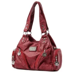 Women's Red Faux Leather Shoulder Handbag with Zipper Pockets and Metal Accents – Stylish Everyday Tote for Casual and Work Outfits