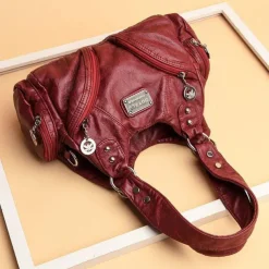 Women's Red Faux Leather Shoulder Handbag with Zipper Pockets and Metal Accents – Stylish Everyday Tote for Casual and Work Outfits