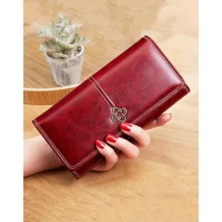 Women's Red Faux Leather Wallet with Multiple Card Slots and Zippered Coin Pocket – Elegant and Functional Clutch for Everyday Use