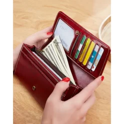 Women's Red Faux Leather Wallet with Multiple Card Slots and Zippered Coin Pocket – Elegant and Functional Clutch for Everyday Use