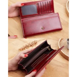 Women's Red Faux Leather Wallet with Multiple Card Slots and Zippered Coin Pocket – Elegant and Functional Clutch for Everyday Use