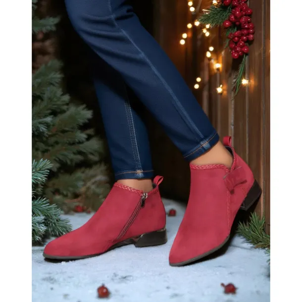 Women's Red Faux Suede Ankle Boots – Low Heel Booties with Side Bow for Winter Outfits, Christmas Parties and Casual Shopping