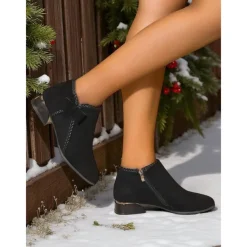 Women's Red Faux Suede Ankle Boots – Low Heel Booties with Side Bow for Winter Outfits, Christmas Parties and Casual Shopping