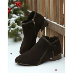 Women's Red Faux Suede Ankle Boots – Low Heel Booties with Side Bow for Winter Outfits, Christmas Parties and Casual Shopping