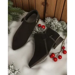 Women's Red Faux Suede Ankle Boots – Low Heel Booties with Side Bow for Winter Outfits, Christmas Parties and Casual Shopping