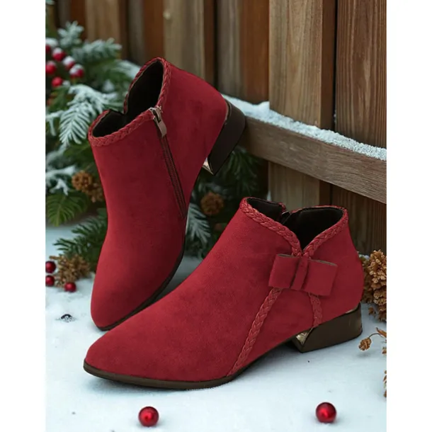 Women's Red Faux Suede Ankle Boots – Low Heel Booties with Side Bow for Winter Outfits, Christmas Parties and Casual Shopping