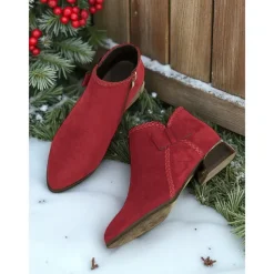 Women's Red Faux Suede Ankle Boots – Low Heel Booties with Side Bow for Winter Outfits, Christmas Parties and Casual Shopping