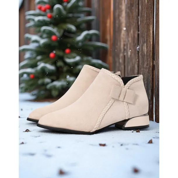 Women's Red Faux Suede Ankle Boots – Low Heel Booties with Side Bow for Winter Outfits, Christmas Parties and Casual Shopping