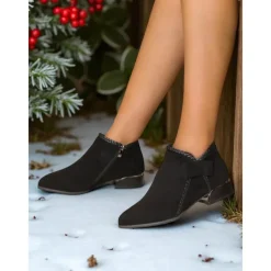 Women's Red Faux Suede Ankle Boots – Low Heel Booties with Side Bow for Winter Outfits, Christmas Parties and Casual Shopping