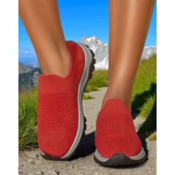 Women's Red Flyknit Slip-On Sneakers – Lightweight Breathable Walking Shoes for Hiking, Travel and Outdoor Adventures