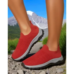 Women's Red Flyknit Slip-On Sneakers – Lightweight Breathable Walking Shoes for Hiking, Travel and Outdoor Adventures
