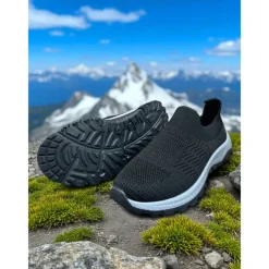 Women's Red Flyknit Slip-On Sneakers – Lightweight Breathable Walking Shoes for Hiking, Travel and Outdoor Adventures