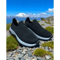Women's Red Flyknit Slip-On Sneakers – Lightweight Breathable Walking Shoes for Hiking, Travel and Outdoor Adventures