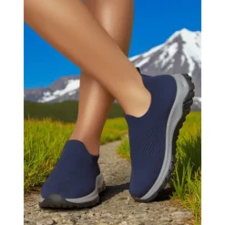 Women's Red Flyknit Slip-On Sneakers – Lightweight Breathable Walking Shoes for Hiking, Travel and Outdoor Adventures