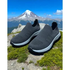 Women's Red Flyknit Slip-On Sneakers – Lightweight Breathable Walking Shoes for Hiking, Travel and Outdoor Adventures