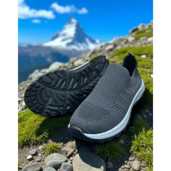 Women's Red Flyknit Slip-On Sneakers – Lightweight Breathable Walking Shoes for Hiking, Travel and Outdoor Adventures