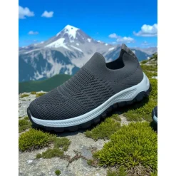 Women's Red Flyknit Slip-On Sneakers – Lightweight Breathable Walking Shoes for Hiking, Travel and Outdoor Adventures