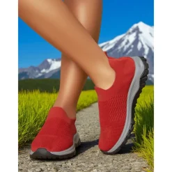 Women's Red Flyknit Slip-On Sneakers – Lightweight Breathable Walking Shoes for Hiking, Travel and Outdoor Adventures
