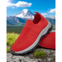 Women's Red Flyknit Slip-On Sneakers – Lightweight Breathable Walking Shoes for Hiking, Travel and Outdoor Adventures