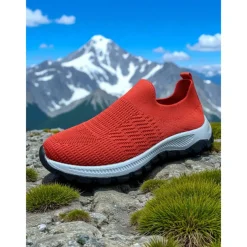 Women's Red Flyknit Slip-On Sneakers – Lightweight Breathable Walking Shoes for Hiking, Travel and Outdoor Adventures