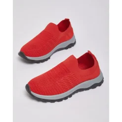 Women's Red Flyknit Slip-On Sneakers – Lightweight Breathable Walking Shoes for Hiking, Travel and Outdoor Adventures