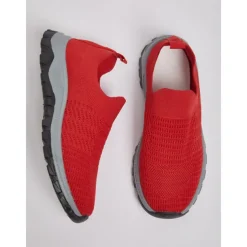 Women's Red Flyknit Slip-On Sneakers – Lightweight Breathable Walking Shoes for Hiking, Travel and Outdoor Adventures