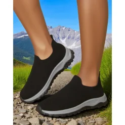 Women's Red Flyknit Slip-On Sneakers – Lightweight Breathable Walking Shoes for Hiking, Travel and Outdoor Adventures