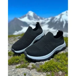 Women's Red Flyknit Slip-On Sneakers – Lightweight Breathable Walking Shoes for Hiking, Travel and Outdoor Adventures