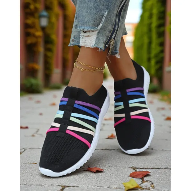 Women's Red Flyknit Slip-On Sneakers – Breathable Lightweight Walking Shoes with Colorful Elastic Straps for Travel, Weekend Outings and Casual Daily Wear