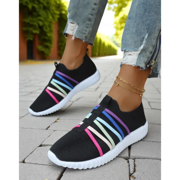 Women's Red Flyknit Slip-On Sneakers – Breathable Lightweight Walking Shoes with Colorful Elastic Straps for Travel, Weekend Outings and Casual Daily Wear