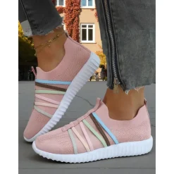 Women's Red Flyknit Slip-On Sneakers – Breathable Lightweight Walking Shoes with Colorful Elastic Straps for Travel, Weekend Outings and Casual Daily Wear